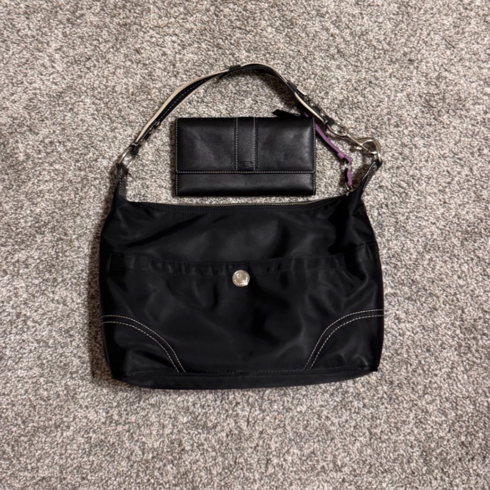 Coach Hamptons Weekend Black Nylon Leather Hobo Shoulder Bag & Wallet F11669